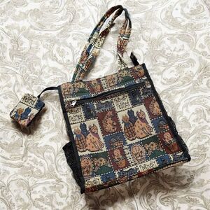 Vintage 1990s Cat Tapestry Bag Purse Tote Canvas Shoulder Coin